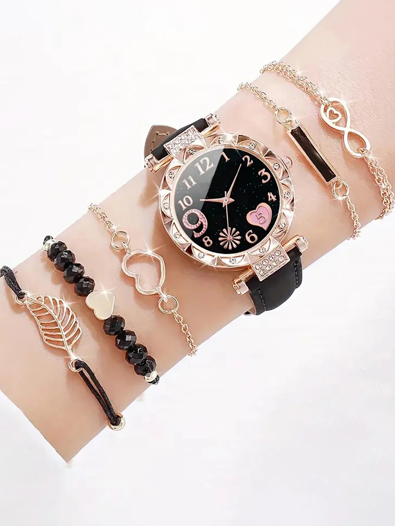 6PCS Women's Fashion Quartz Watch Luxury Pink Leather Band Analog WristWatch Ladies Watch Women Dress Bracelet Set Clock Qme