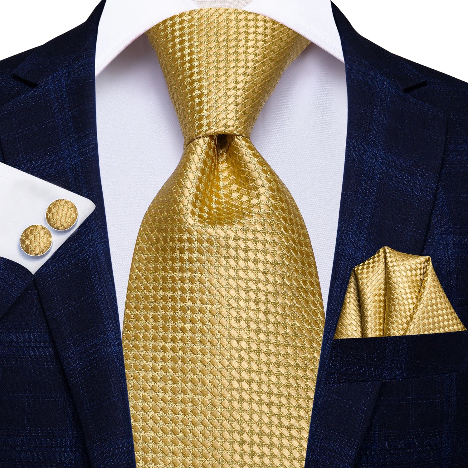 Designer Gold Solid Wedding Tie Men Handky Cufflink Striped Plaid
