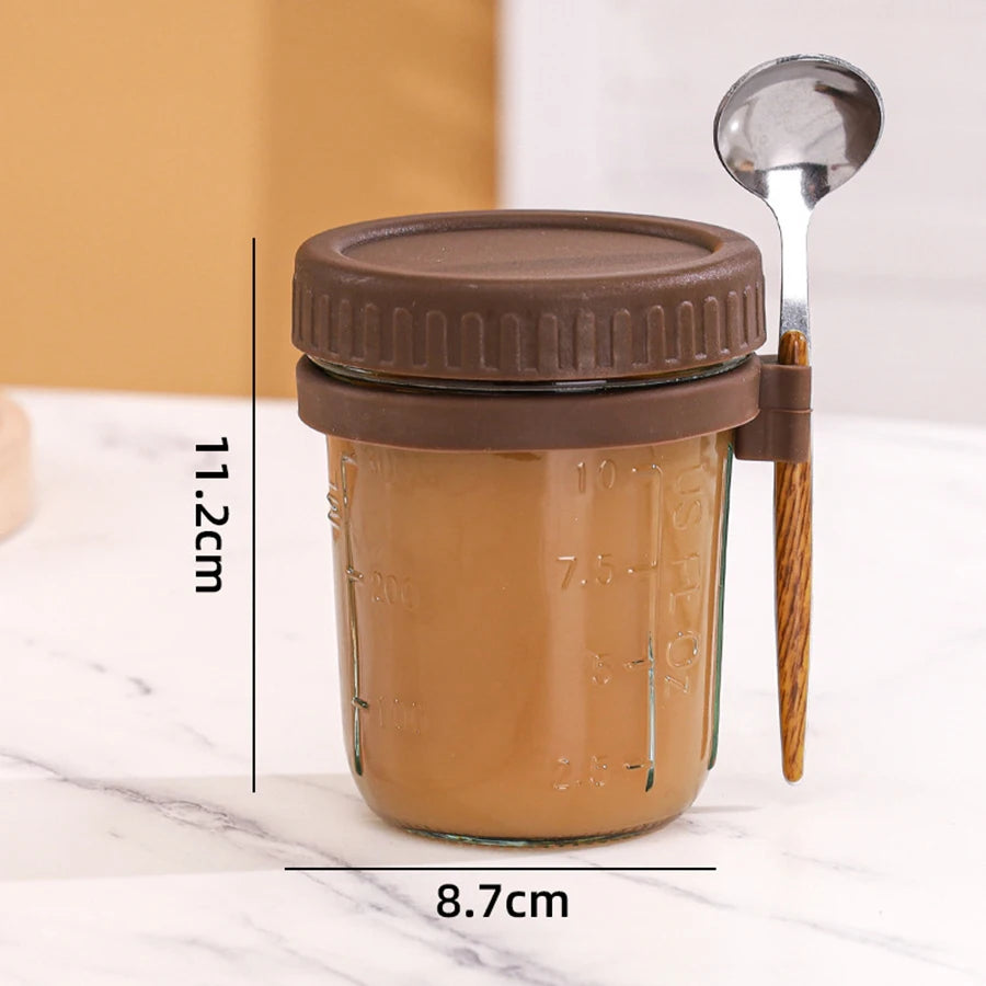Glass Oatmeal Cup Overnight Oats Container Lid Spoon Cereal Milk Qme coffee color
