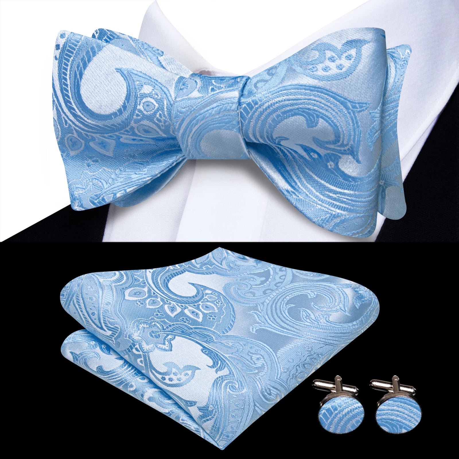 Pink Orange Sky Blue Hi-Tie Mens Bow Tie Pocket Square Cufflinks Set Self-tied Butterfly Knot Bowtie for Wedding Business Gift Qme HT-LH-2294