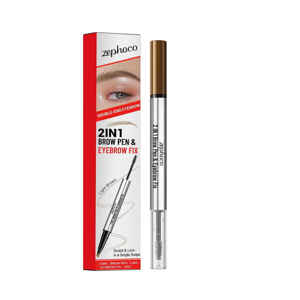 zephoco 2 in 1 Brow Pen Eyebrow Fix Long Lasting Waterproof Quick Shape Multi-use Smudge Proof Makeup Double-End Eye Brow Pencil Qme Light Brown