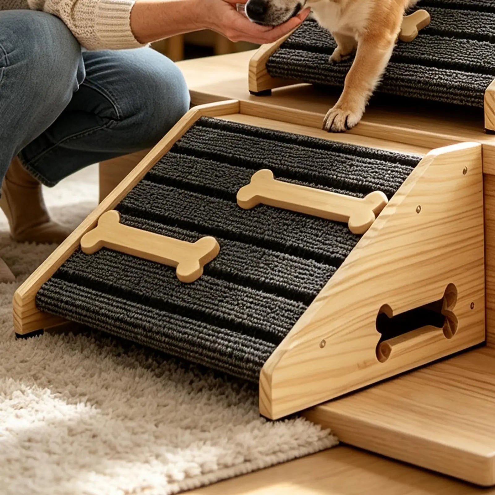 Pet Ramps Stairs 2 Anti-slip Wooden Wedges Felt Mat Dog Stair Helper Qme