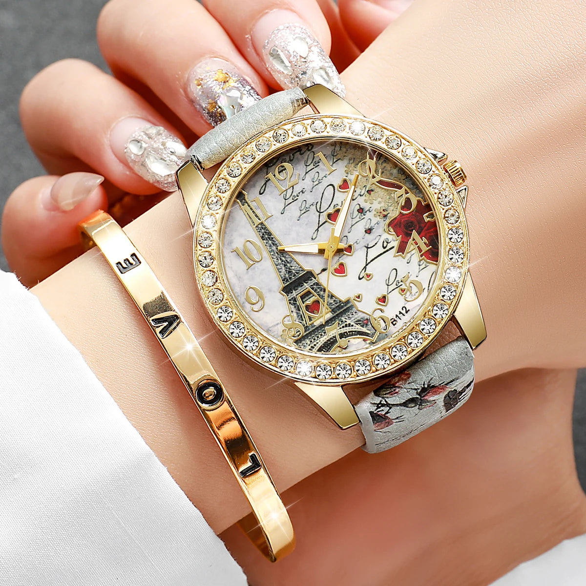 Sweet Dating Floral Print Leather Watch Set, 4-in-1 Marble Stone Charm Bracelets & Crystal Wristwatch Gift for Girls Qme 2PCS A No Box