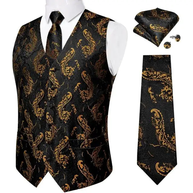 Men's Luxury Paisley Suit Vest & Tie Set – Formal Waistcoat with Necktie Pocket Square, Perfect for Weddings and Business Events Qme MJ-0123 XXXL