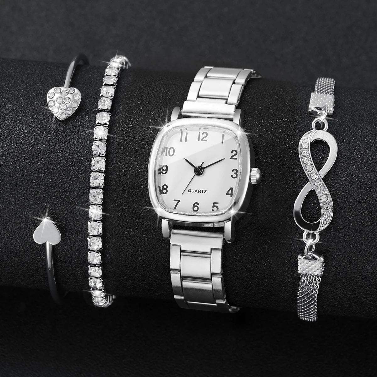 4 In 1 Women Wrist Set Square Quartz Watch Heart Bangle Infinity Rhinestone Bracelet Stackable Daily Female Wrist Accessory Gift Qme