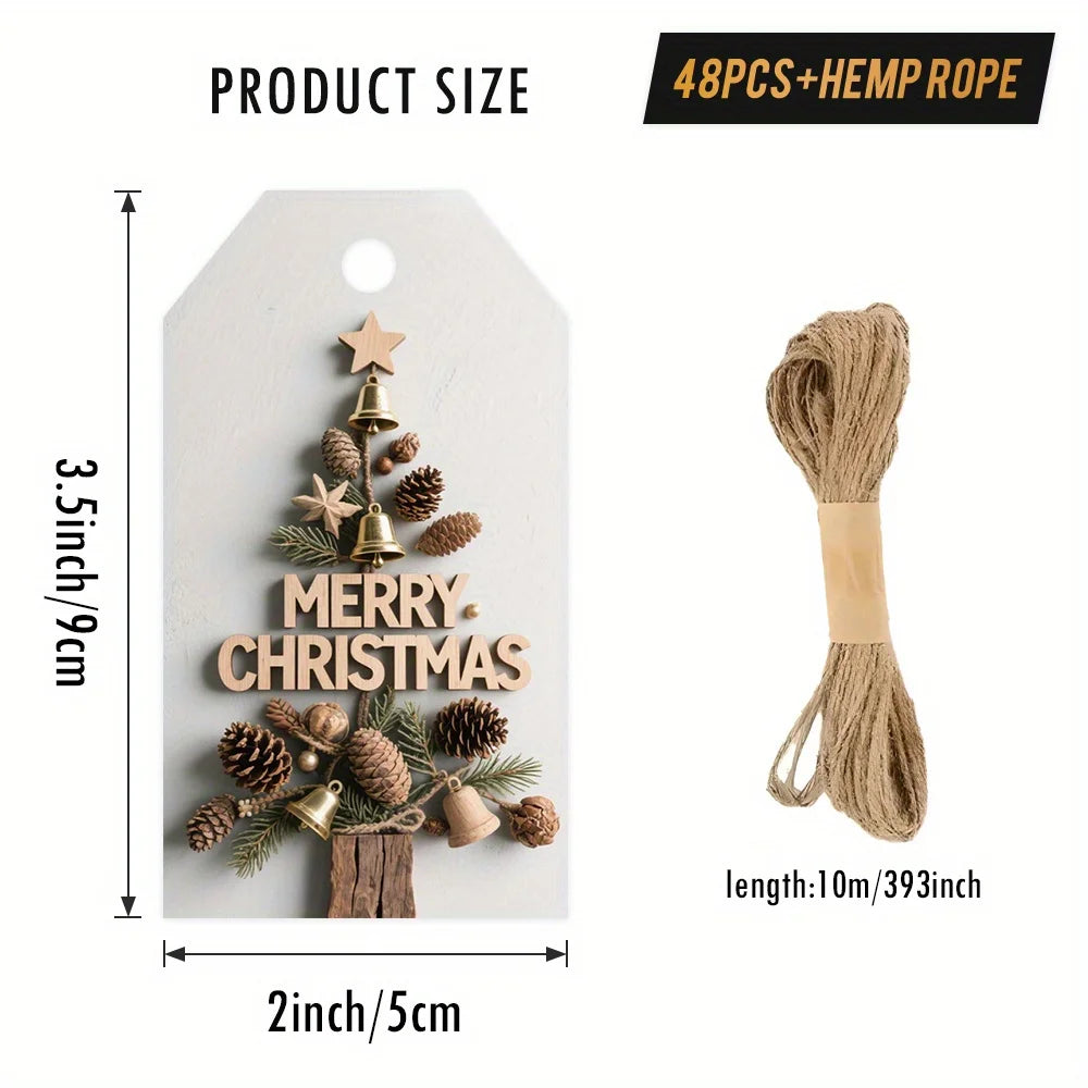 48pcs Vintage Christmas Gift Tags with Hemp Rope Classic Holiday Tags Tree Decorations Presents Packaging Label Party Decoration Qme