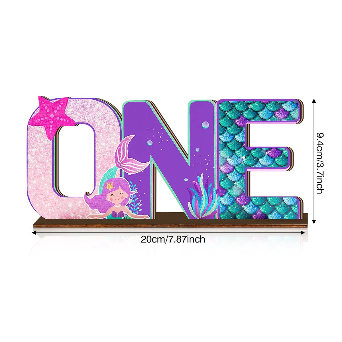 1SET 2D Mermaid Princess Theme "ONE" Letter Wooden Desktop Decoration, Birthday Party Desktop Decoration Qme