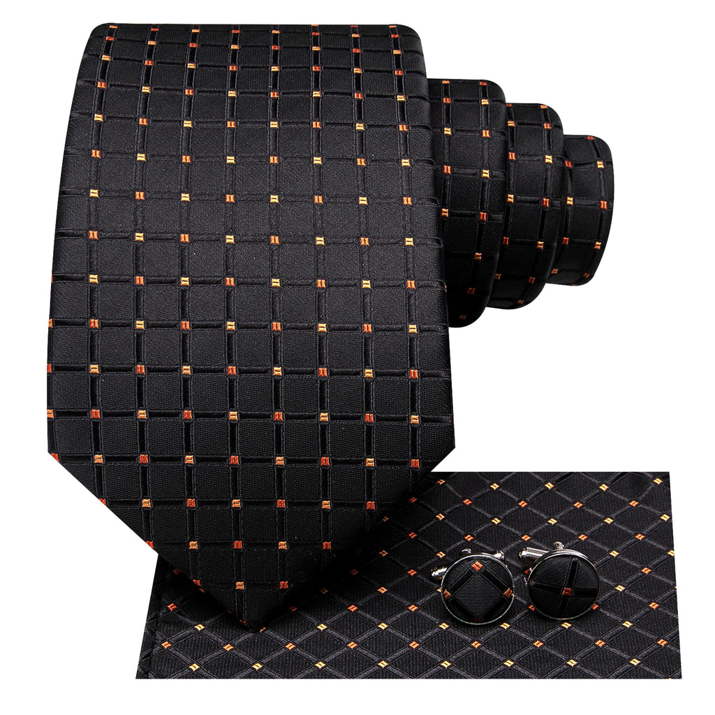 Hi-tie Fashion Black Plaid Dots Men's Elegant Tie Handkerchief Qme