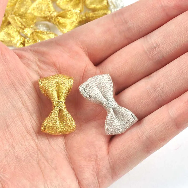 50Pcs 16x28mm Golden/Silver Christmas Bows For Xmas Party Flower Gifts Decor Handmade Accessories Bowknot Ribbons DIY Supplies Qme