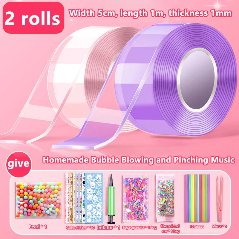 Kids Gifts PET Nano Glue DIY Blow Bubble Double Sided Tape Sticky Qme A13