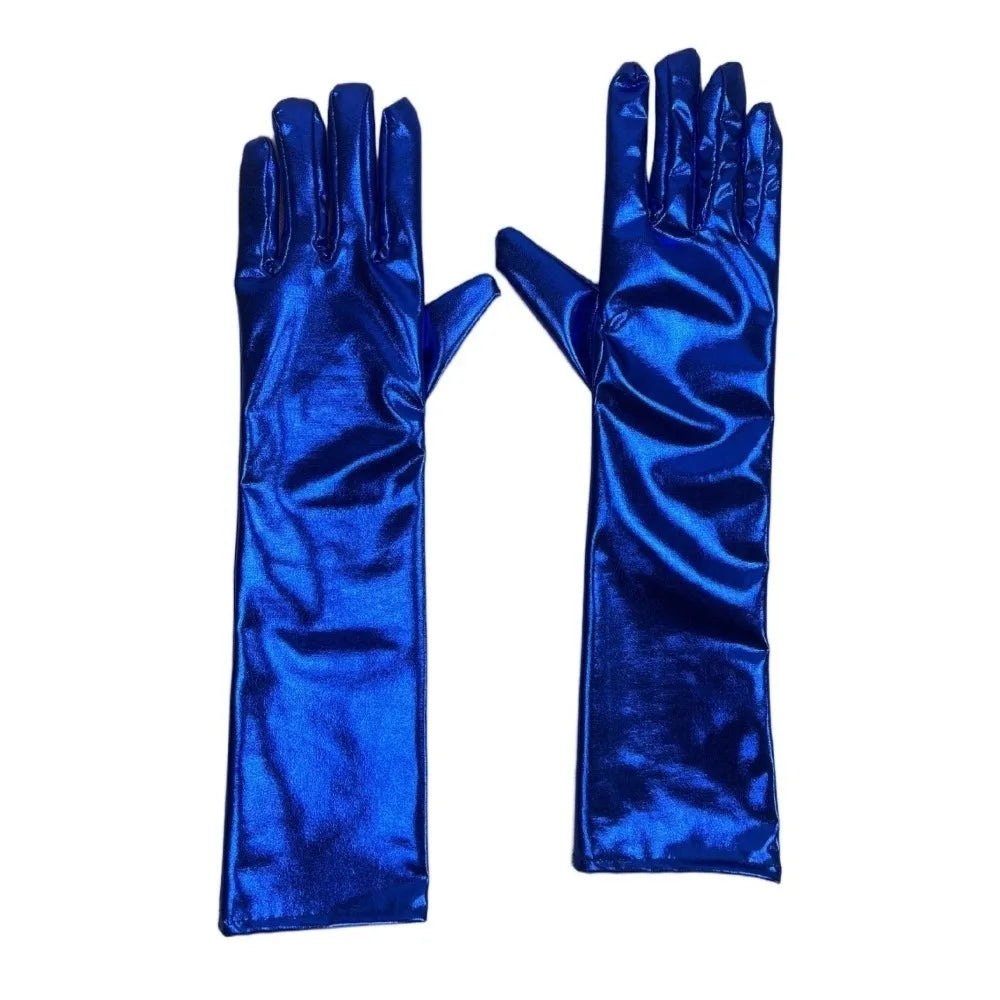 Simple Solid Color Patent Leather Gloves Elastic Shiny Long Gloves Sun Protection Lolita Women Mittens Halloween Cosplay Qme Blue