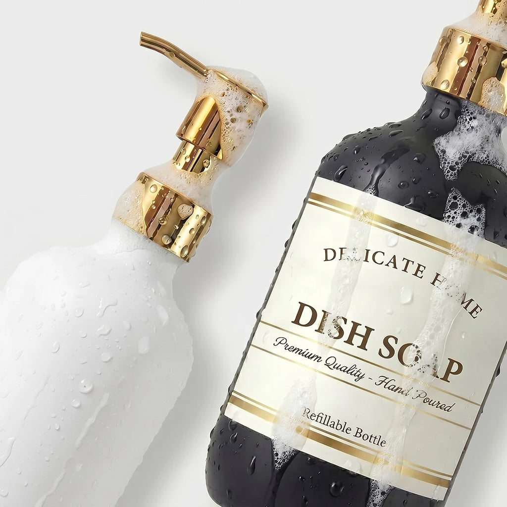 Kitchen Soap Dispenser Set- Matte Black and White Plastic Hand & Dish Soap Dispensers-16oz Refillable Bottles with Gold Pumps Qme