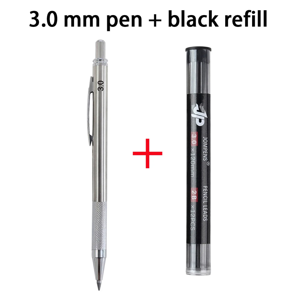 Mechanical Pencil Set 3.0mm Full Metal Painting Automatic Pencil & Refills, for Drafting, Drawing and Sketching Supply Qme 1pen - black refills