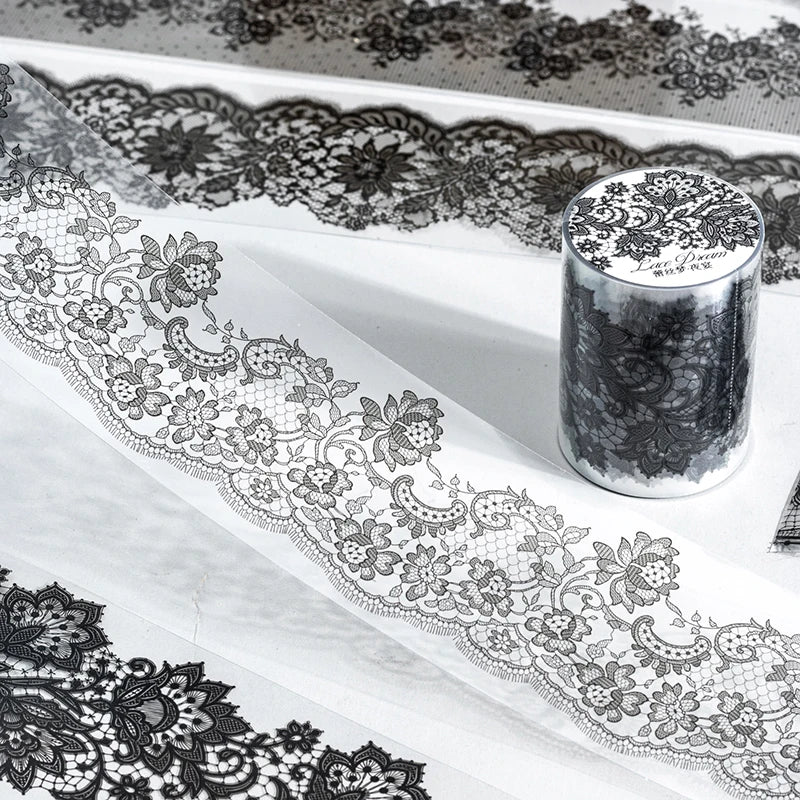 55mm*2m Black White Lace PET Tapes DIY Scrapbooking Junk Journal Aesthetics Decor Diary Collage Masking Tape Stationery Supplies Qme