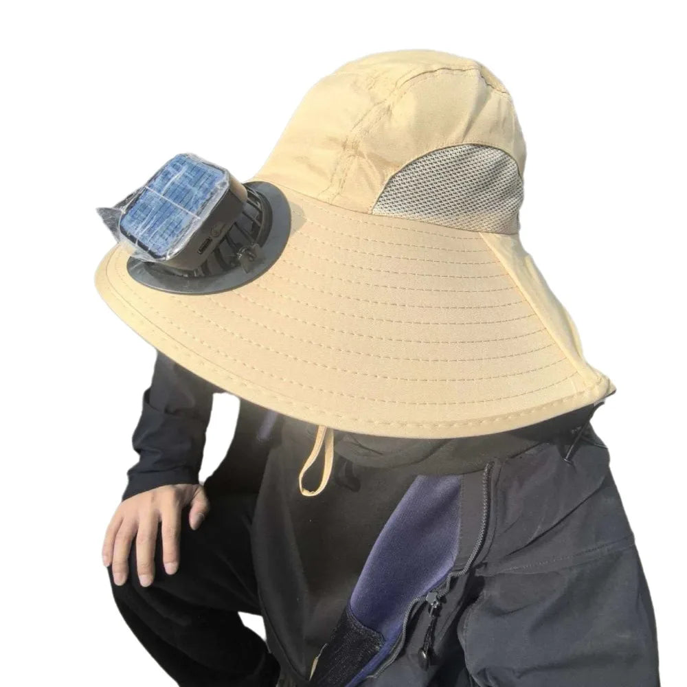 Breathable Solar Fan Hat Strong Wind Wide Brim Sun Hat with Fan with Shawl UV Protection Summer Fan Visor Cap Hot Weather Qme Khaki Square