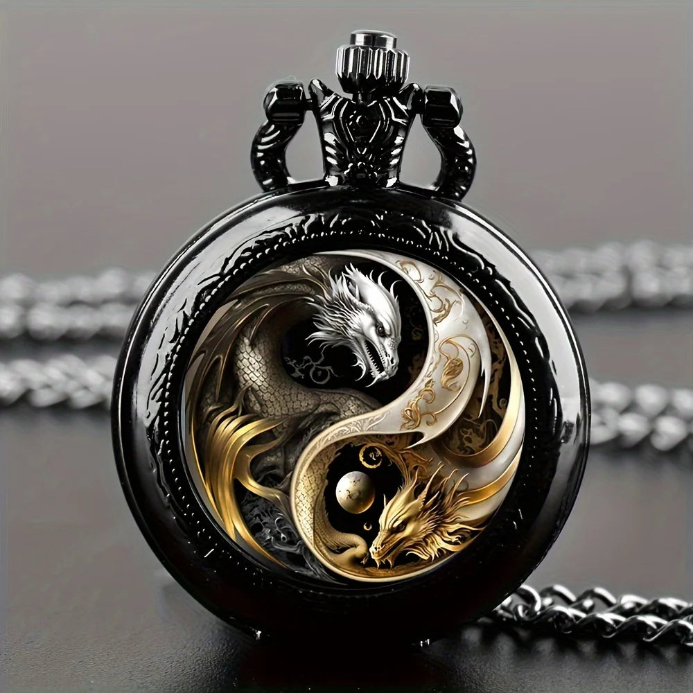 Retro Golden And Silvery Double Dragon Quartz Pocket Watch Qme black