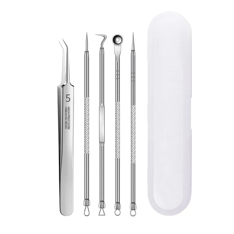 Ultra-fine Acne Pimples Blackhead Clip Tweezers Beauty Face Skin Care Cleaning Blackhead Remover Kit Acne Needle Hook Tool Qme Oblique 5PCS