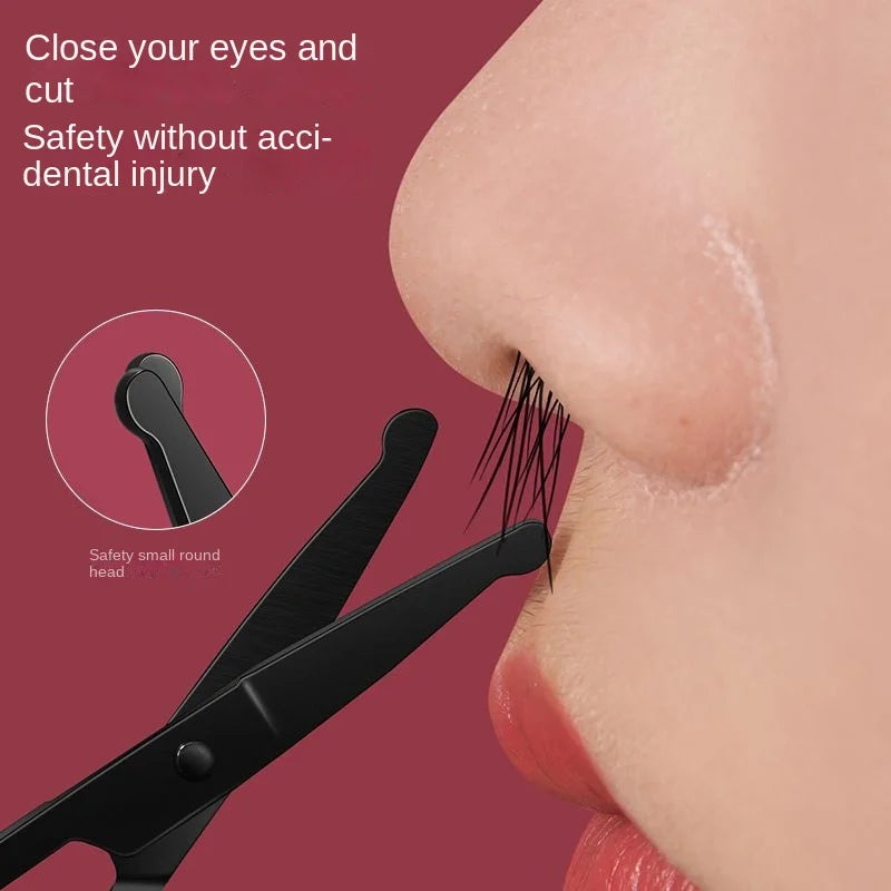 Silver Mirror Light Black Round Head Safety Nose Hair Scissors Qme