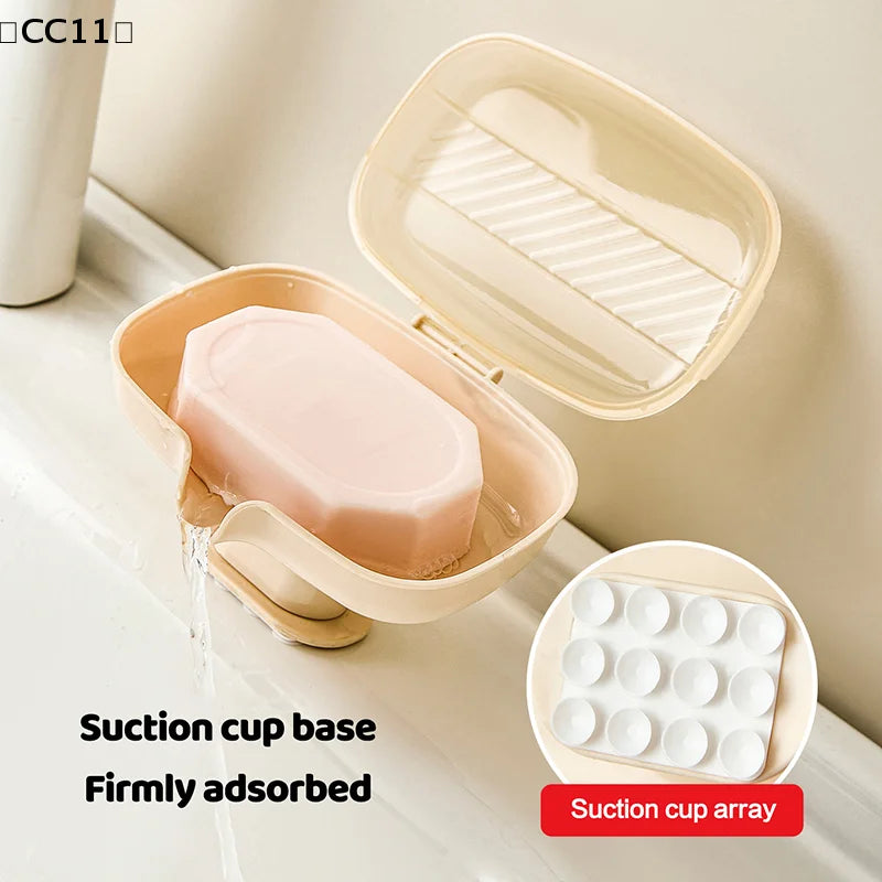 Sucker Soap Dish Holder Lid Self-draining Tray Case Portable Qme