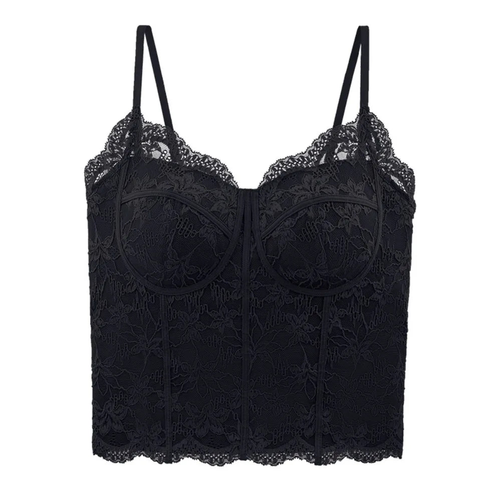 Fashion Mesh Flower Slim Lace Crop Bottoming Shirt Summer Girl's Vest Qme Black M