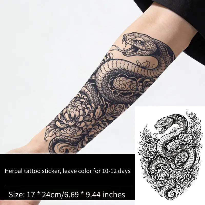 Japanese Snake Chrysanthemum Tattoo Sticker, Temporary Tattoo, New Traditional Floral Herb Juice, Waterproof Long Lasting Arm Le Qme