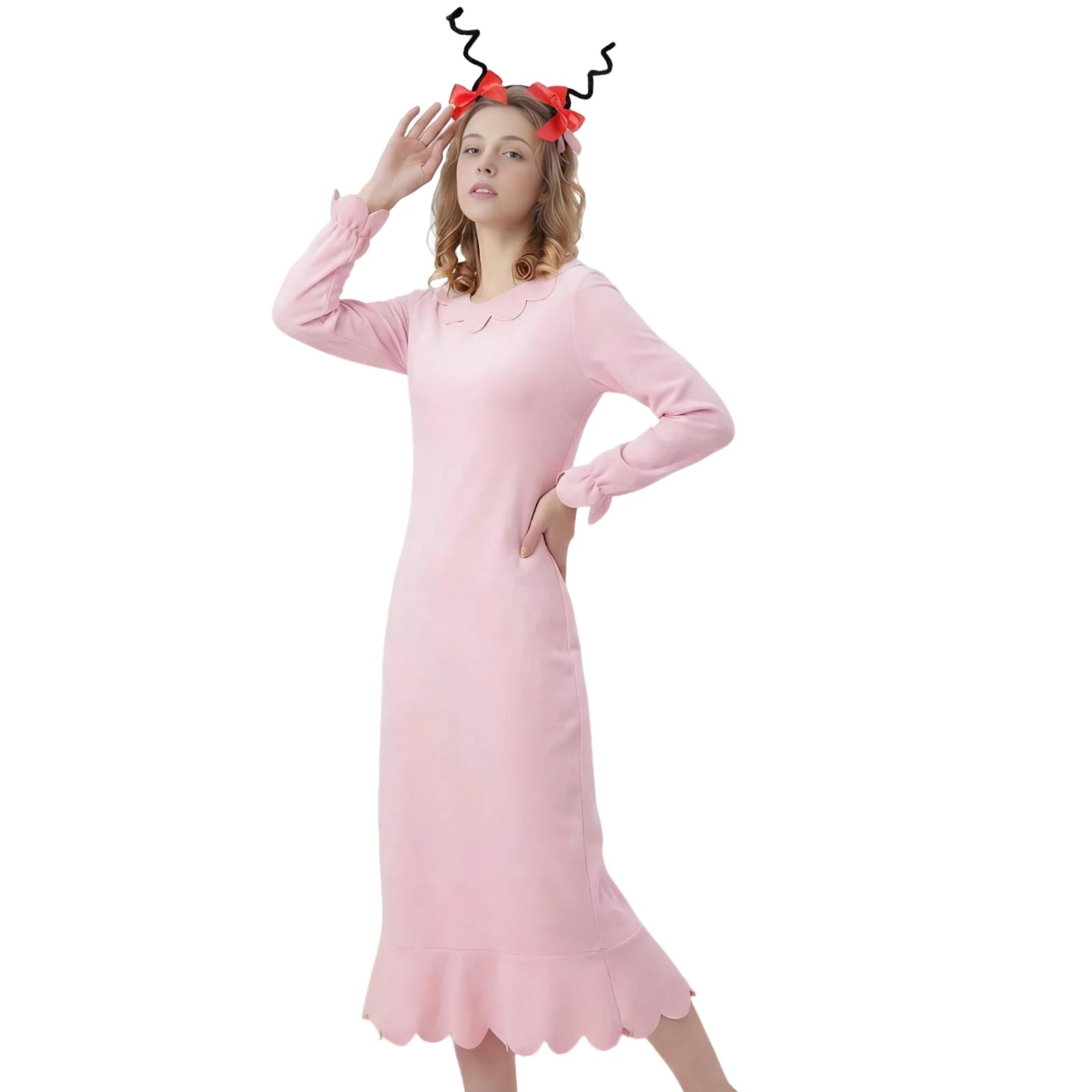 Adult Cindy Lou Who Costume Women Pink Long Sleeve Princess Dress with Headband Christmas Dress Up Nightgowns Outfit Qme
