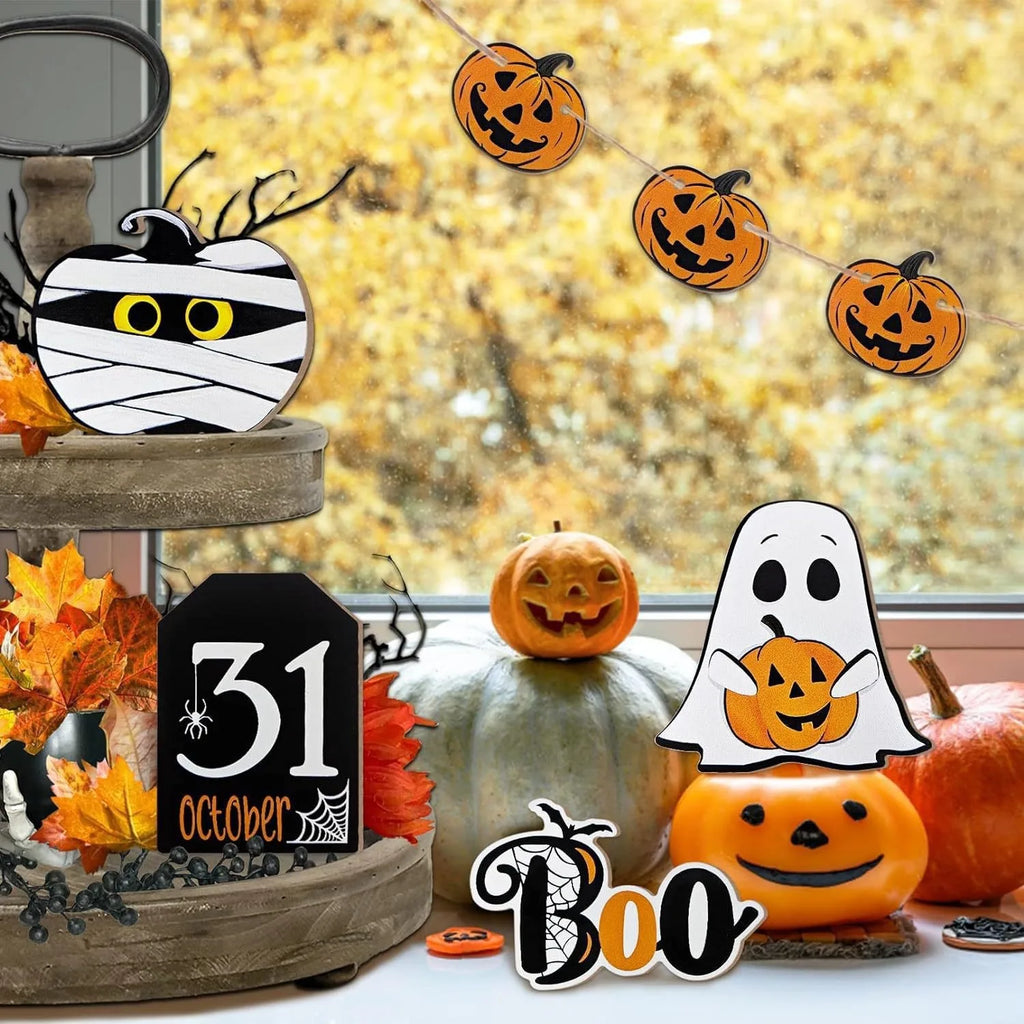 Halloween Wooden Signs Pumpkin Ghost Mummy Boo Ornaments Desktop Qme