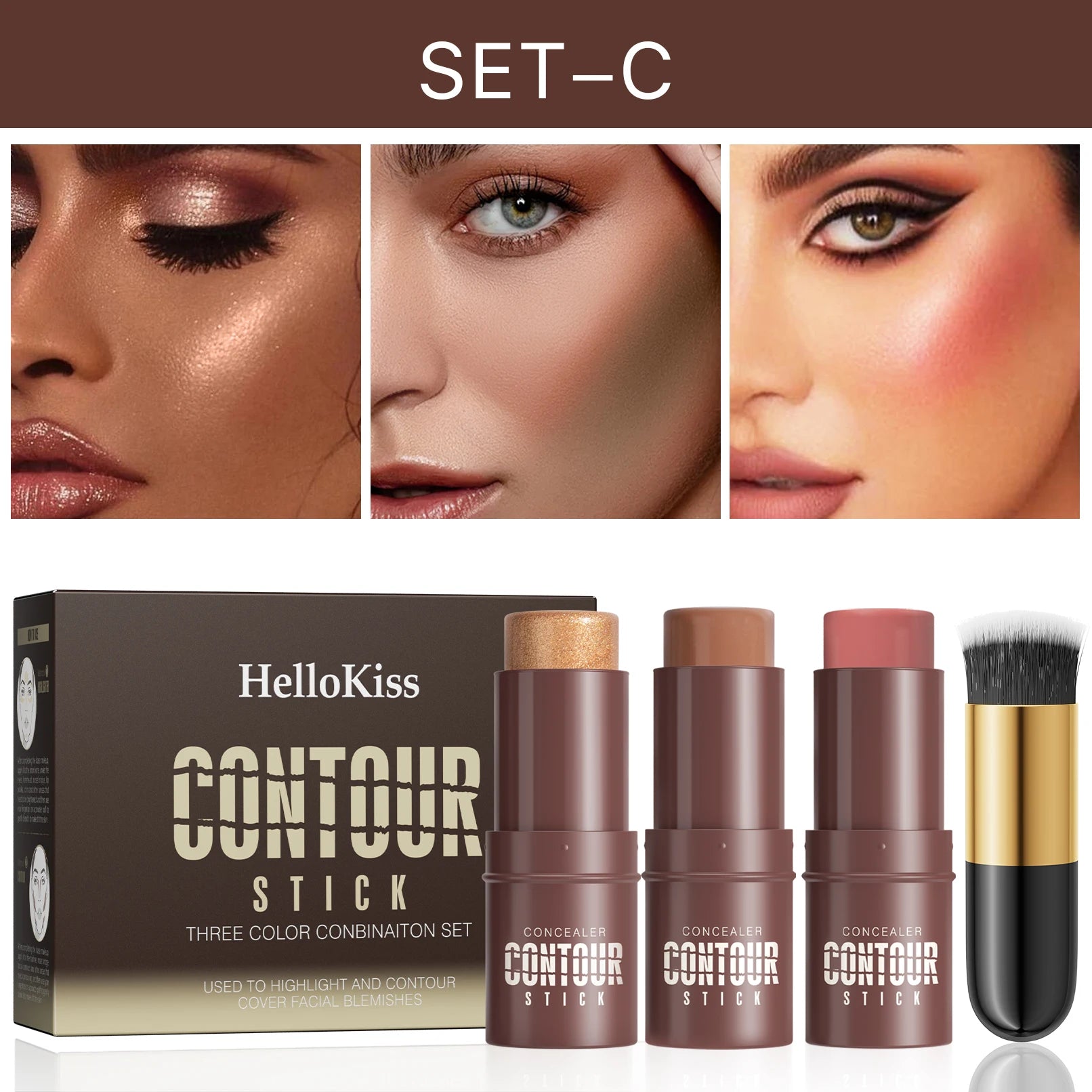 4-Piece Contour Stick Set with Highlighter, Blush & Bronzer Plus Golden Powder Brush - Waterproof Cream for All Tones, Shimmery. Qme 9517C-020