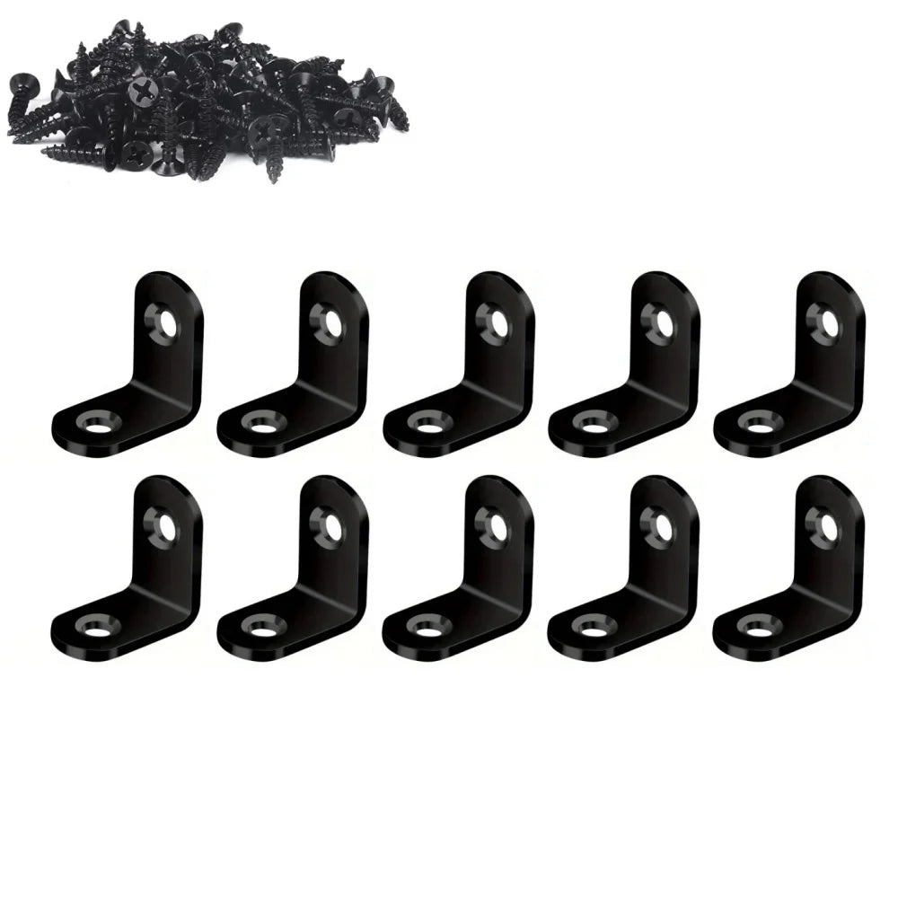 100-10PCS Stainless Steel L-shaped Corner Bracket 90 Degree Furniture Layer Board Fixed Connection Angle Bracket with Screws Qme Black 10pcs
