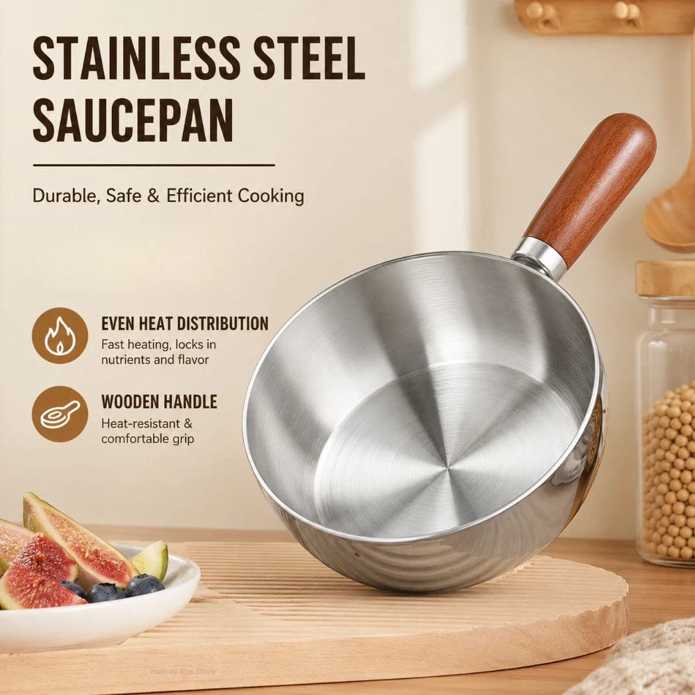 1/3 Optional Kitchen Cookware Stainless Steel Milk Pot Wooden Handle Non Slip Base Even Heat Performance For Induction Cooking Qme