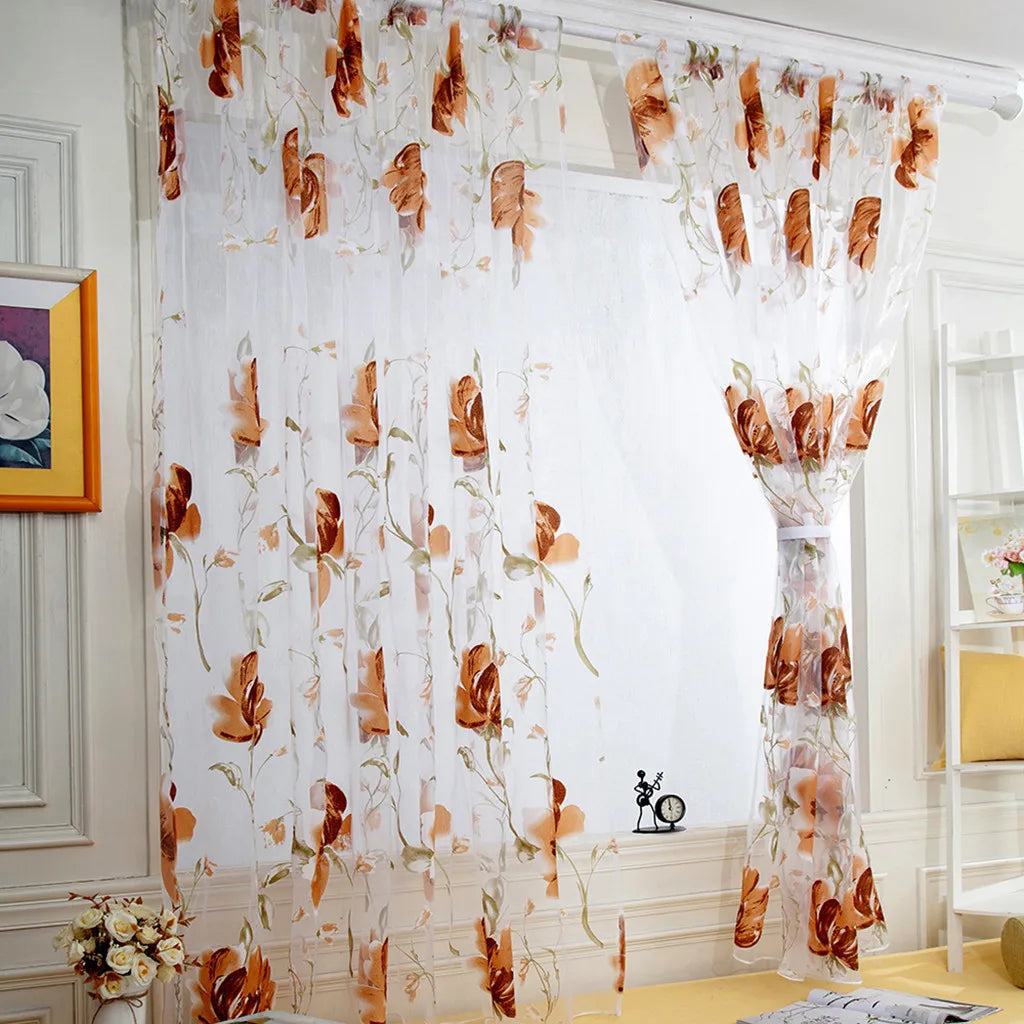 1/2 PCS Vines Leaves Tulle Door Window Curtain Drape Panel Sheer Scarf Valances Colorful Floral Pattern Transparent Curtains Qme Coffee