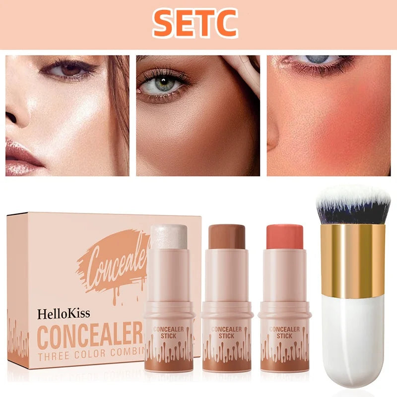 3-Piece Cream Contour Set, Contour Sticks, Highlighter Stick, Blush Stick, Including Brush, Non-Greasy Waterproof Long-Lasting Qme 9507C