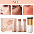 3-Piece Cream Contour Set, Contour Sticks, Highlighter Stick, Blush Stick, Including Brush, Non-Greasy Waterproof Long-Lasting Qme 9507C