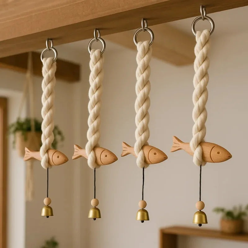 Marine Beach Themed Wood Fish Sculpture Bell Handcrafted Wall Hanging Qme