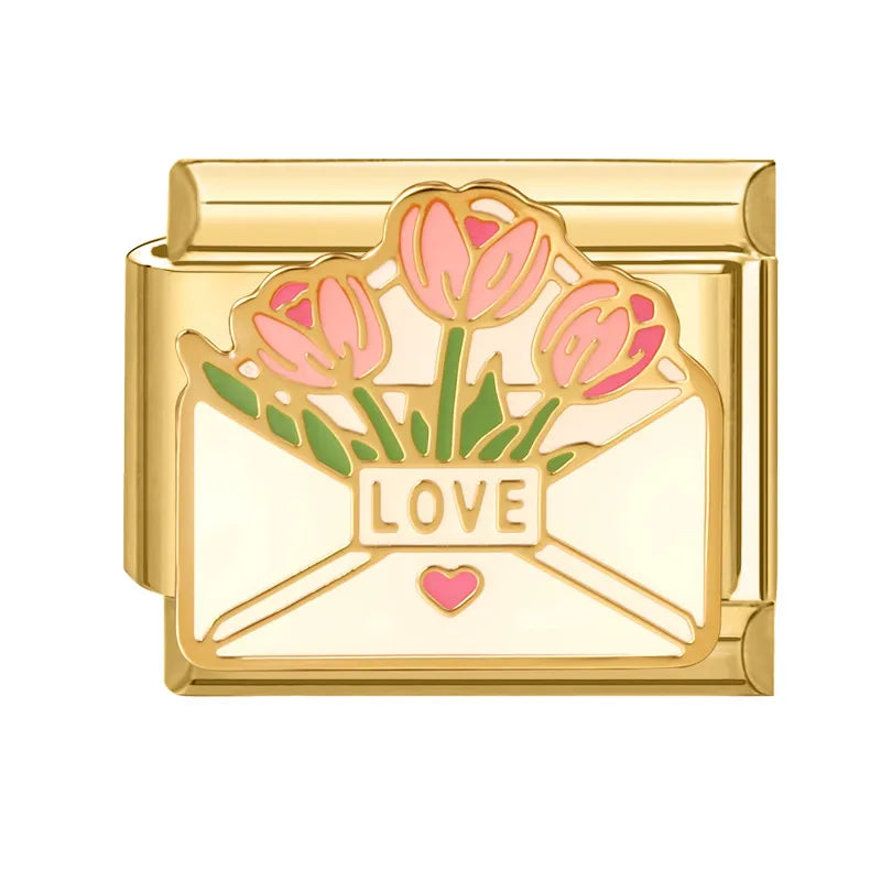 Gold Color Red Love Heart Bear Coconut Tree Pink Flowers Italian Charm Links Stainless Steel Fit 9mm Bracelet Making DIY Jewelry Qme Style 5