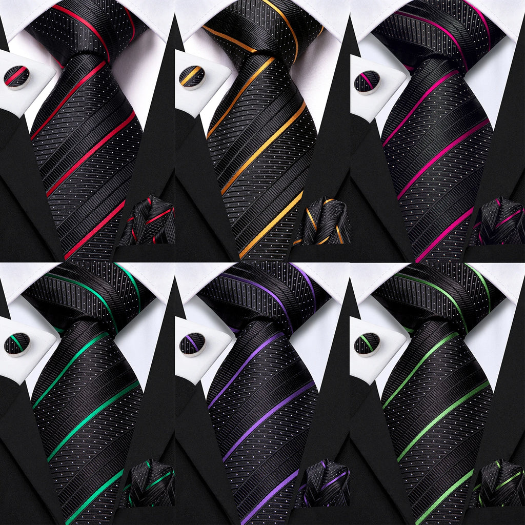 Hi-tie Striped Black Purple Red Green Men Elegant Necktie Hanky Qme