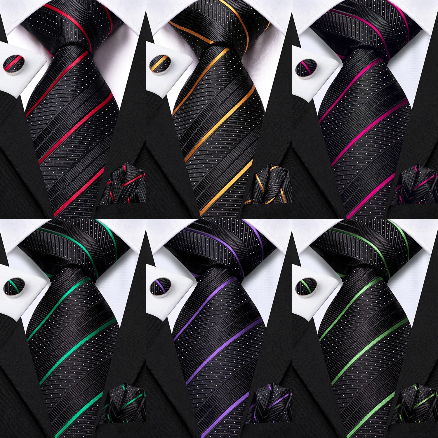 Hi-tie Striped Black Purple Red Green Men Elegant Necktie Hanky Qme