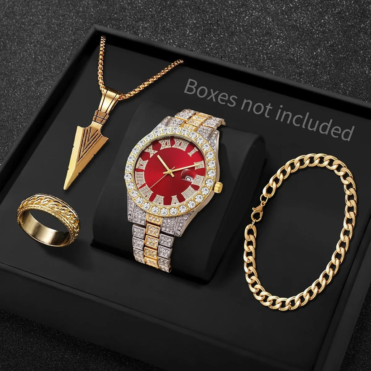 Men Iced Watch 4Pcs Jewelry Set Spear Pendant Necklace Ring Cuban Bracelet Qme