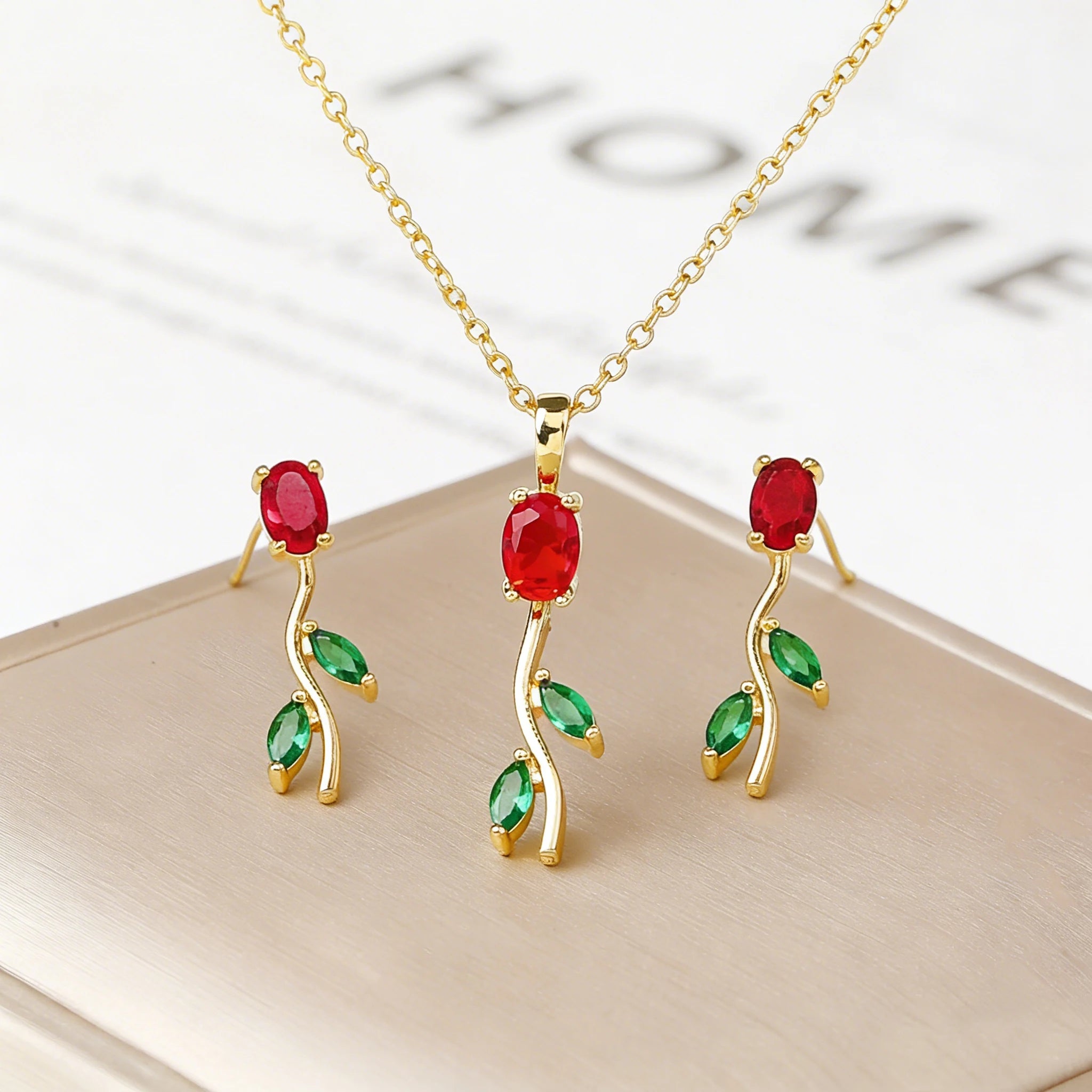 2PC Fashion Red/Green/Pink/Blue Rose Flower Crystal Necklace Earrings Jewelry Set for Women Romantic Wedding Bridal Jewelry Gift Qme