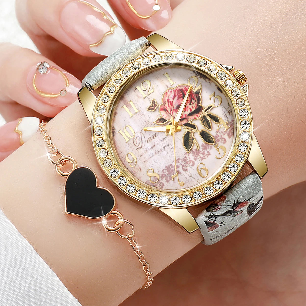 Sweet Dating Floral Print Leather Watch Set, 4-in-1 Marble Stone Charm Bracelets & Crystal Wristwatch Gift for Girls Qme Flower 2PC C No Box