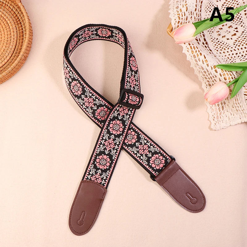 Guitar Strap Bass Cotton Leather Embroidery Straps Adjustable Neck Qme A5