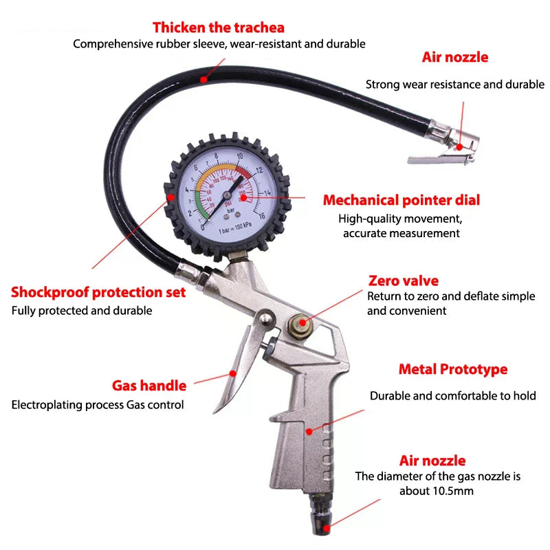 Auto Tire Pressure Gauge Gun Air Inflator Pump Repair Tool Qme
