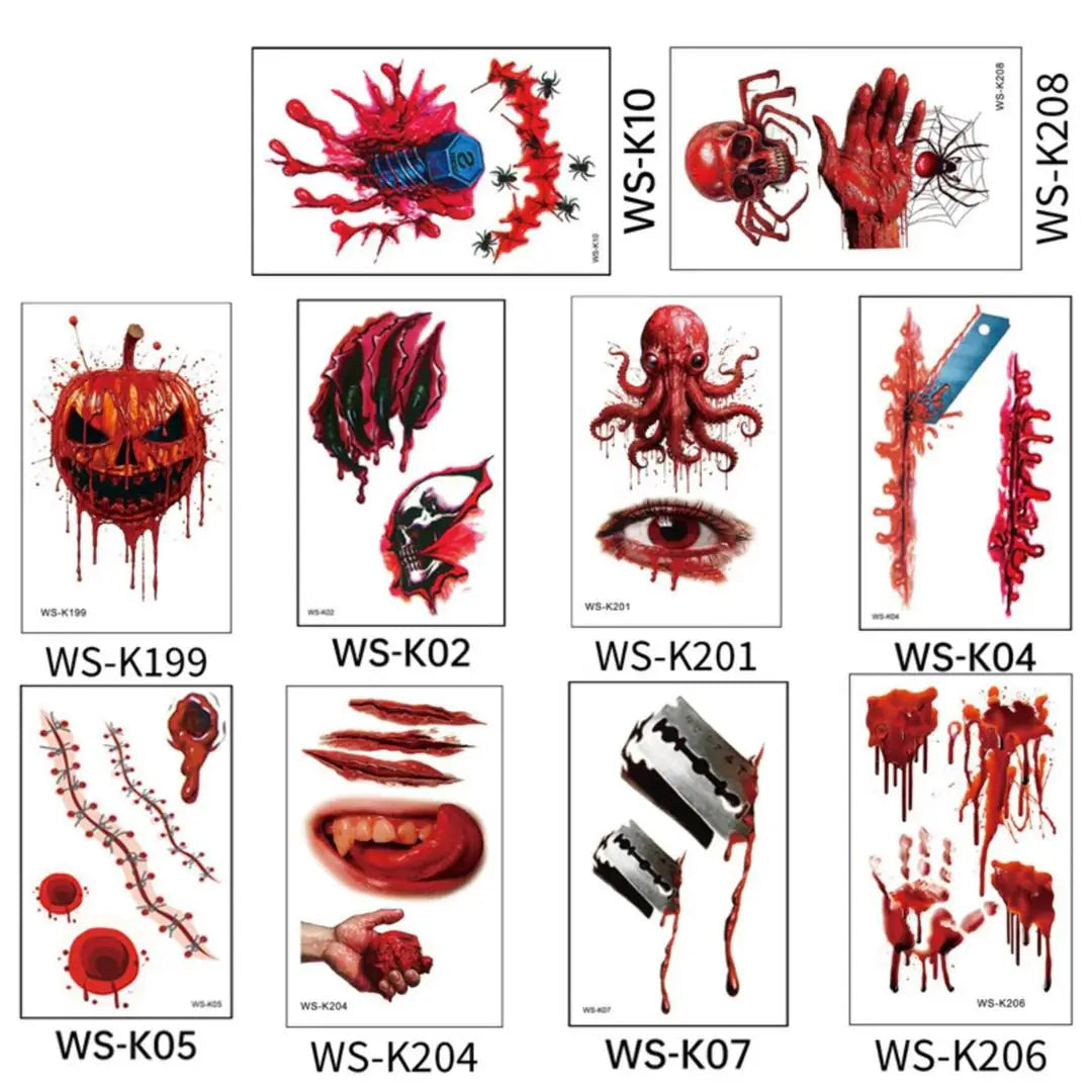 A 10pcs Waterproof Halloween Tattoo Stickers Bleeding Wound Scar Temporary Tattoos for Women Men Fake Tattoo For Halloween Party Qme 10pcs WS-K02K208