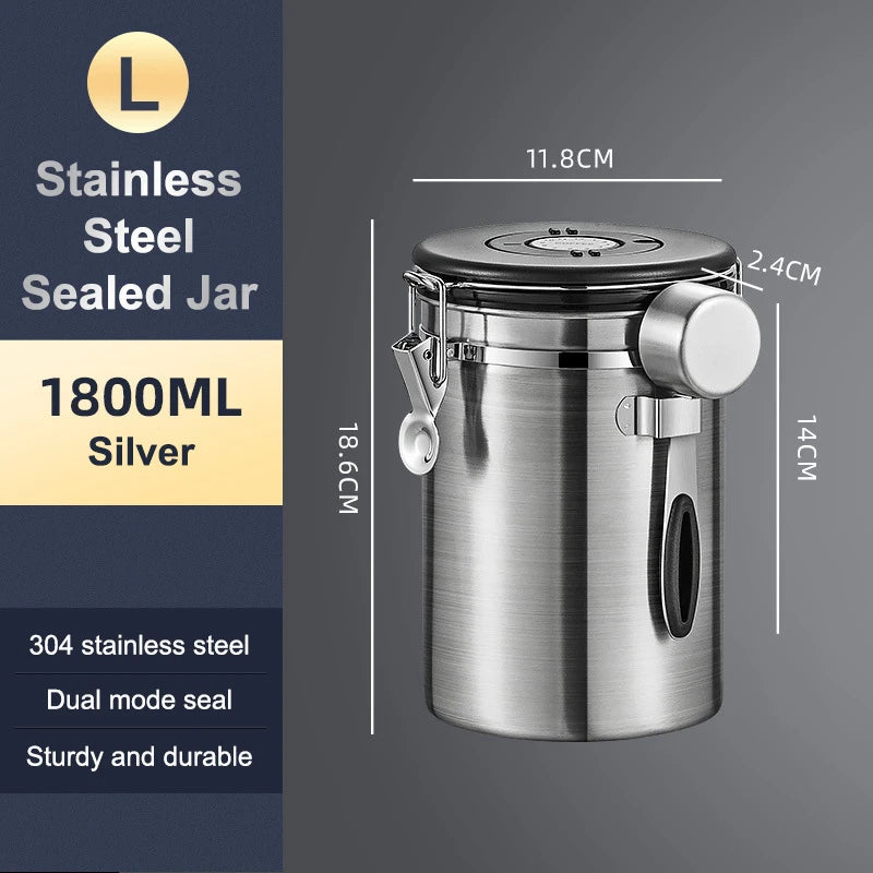 1 2 5 Coffee Bean Jar Airtight Canister Sealed Stainless Steel Spoon Qme 1800ml Silver