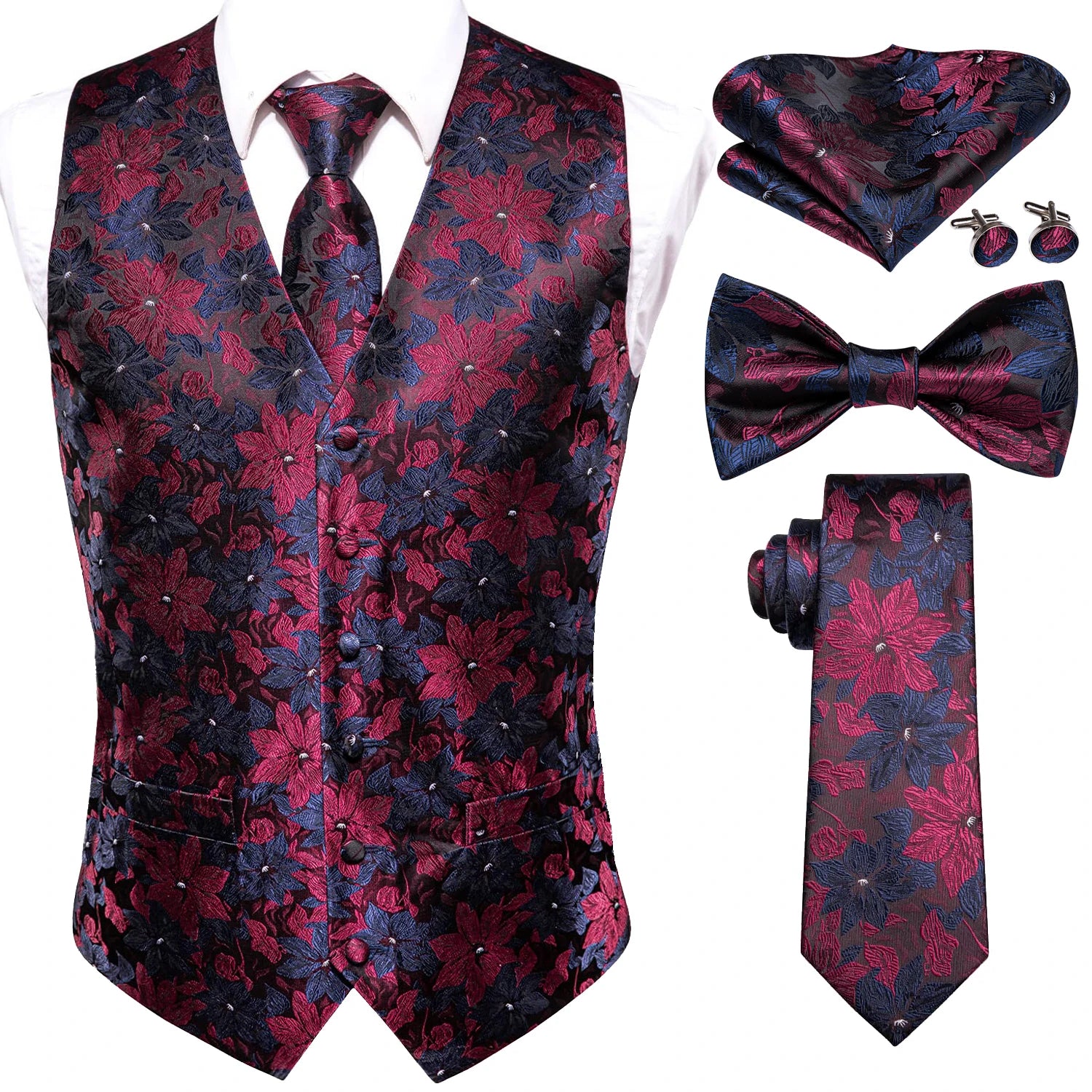 Luxury Gold Mens Suit Vest Red Blue Green Yellow Waistcoat Tie Bowtie Qme