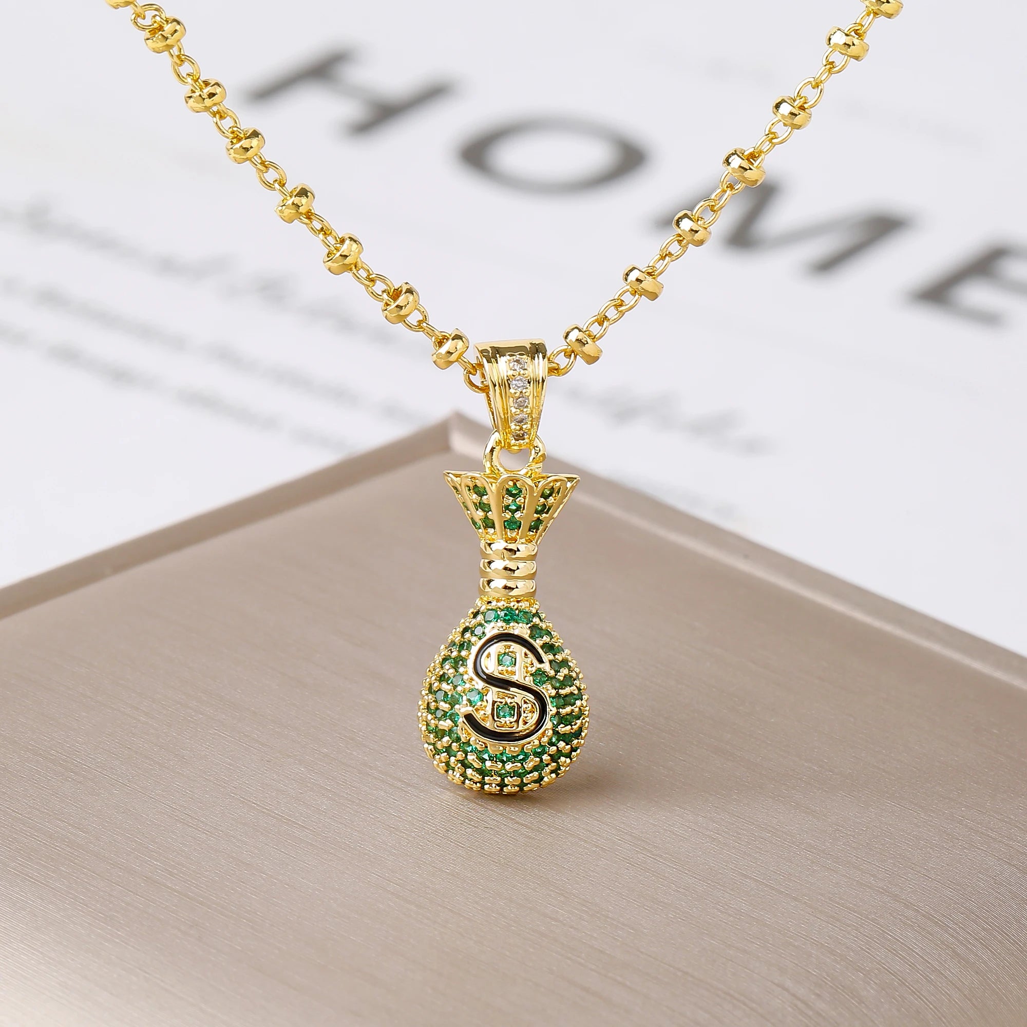 Lucky Wealth Attracting Gift Dollar Sign Money Bag Zircon Necklace Trendy Amulet Jewelry Birthday Holiday Present for Men Women Qme 2