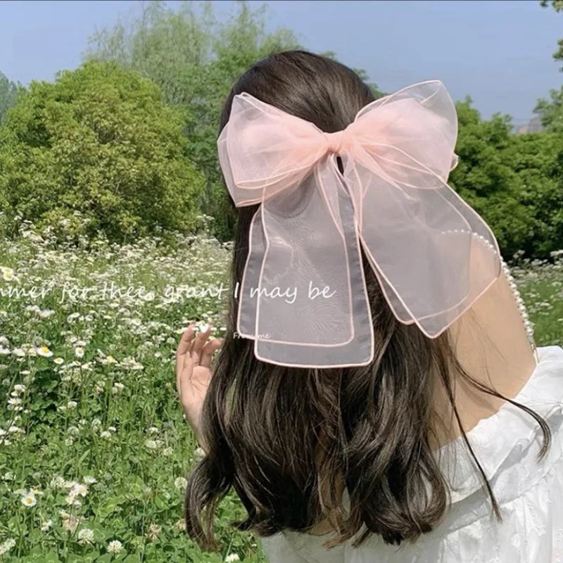 New Black Sweet Mesh Thin Gauze Big Bow Hair Claw Clip Women Bow Spring Clip Headwear Accessories Hair Clips Hairbows for Girls Qme Pink