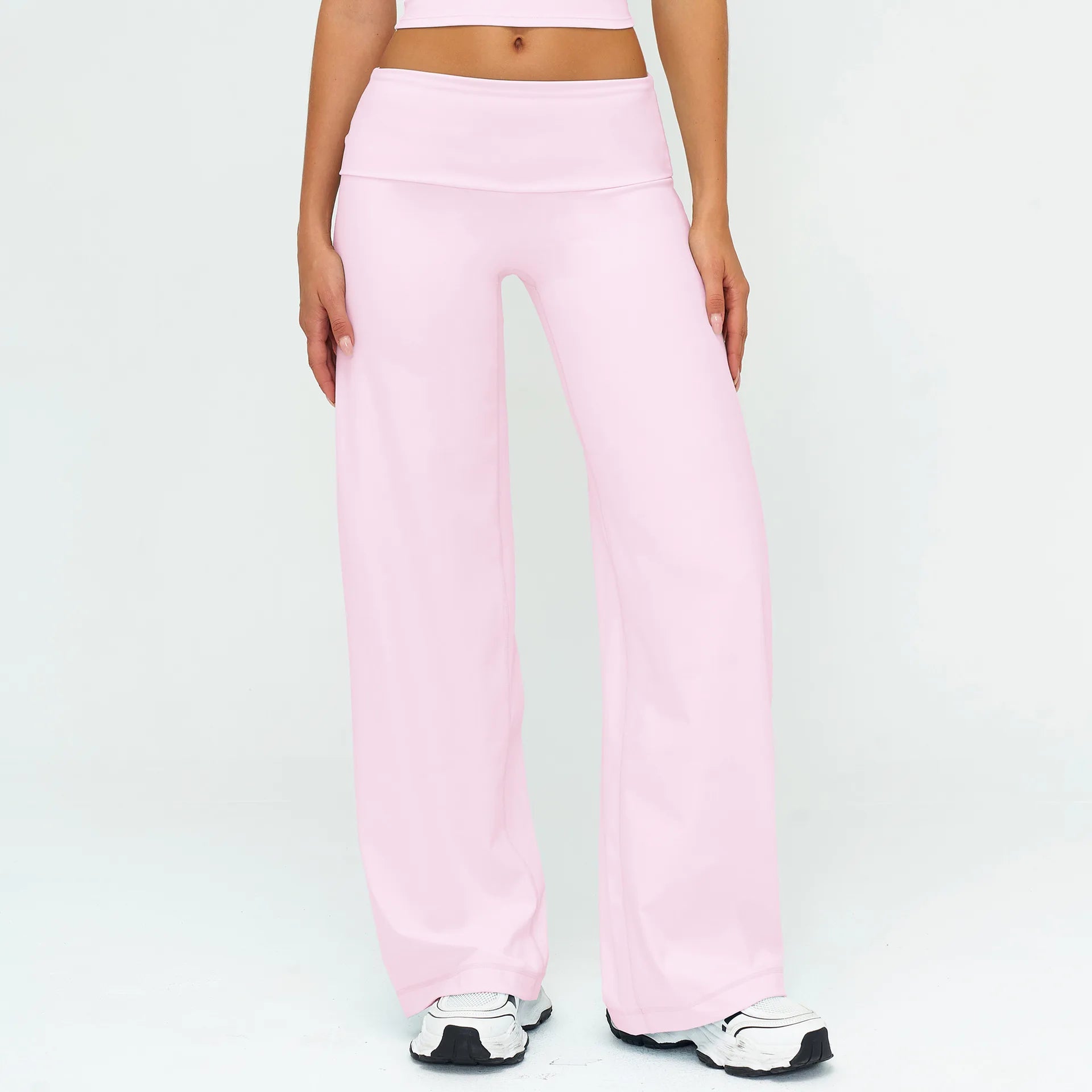 A Gym Pilates Running Workout Pants Women Low Waist Straight Leg Trousers with Fold Waist Nude Feeling Soft Yoga Underwear Qme Sakura powder XL