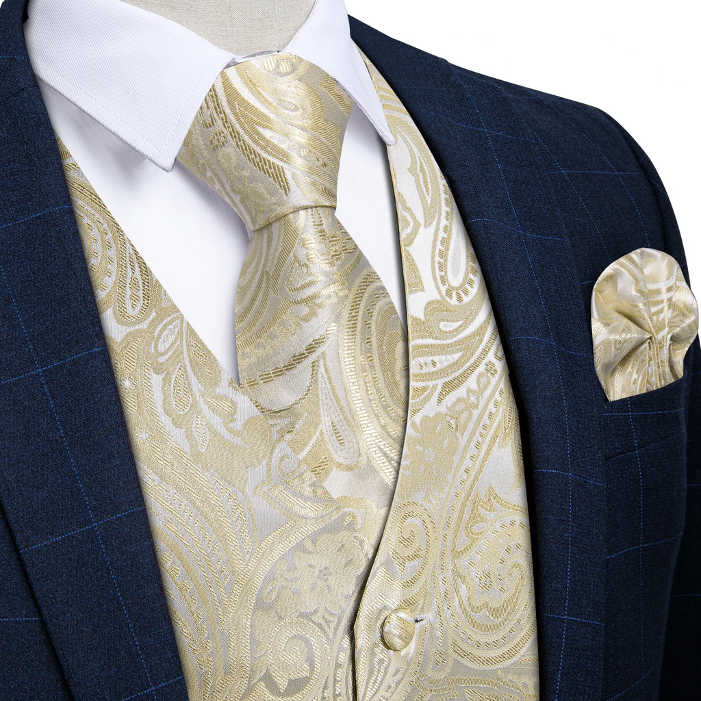 Men's Champagne Golden Paisley Suit Vest & Tie Set – Formal Waistcoat with Pocket Square, Perfect for Weddings Business Events Qme