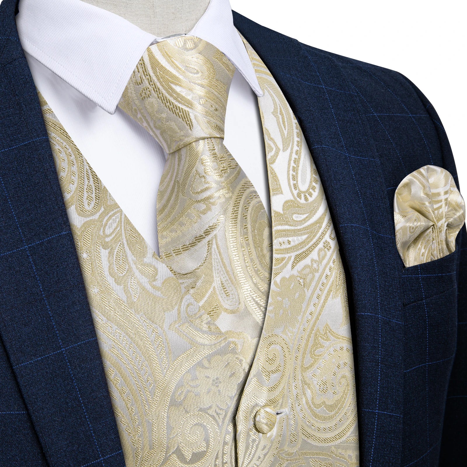 Men's Champagne Golden Paisley Suit Vest & Tie Set – Formal Waistcoat with Pocket Square, Perfect for Weddings Business Events Qme